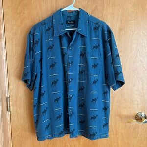 True Grit Moose Print Short Sleeve Button Up‎ Shirt Men's Size L Blue Casual